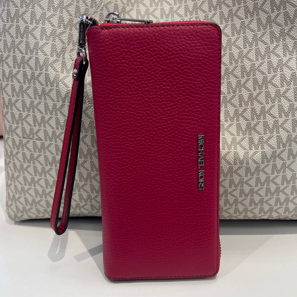 Michael Kors Lg Pebbled Leather Continental Wallet Wristlet Phone Dark Raspberry